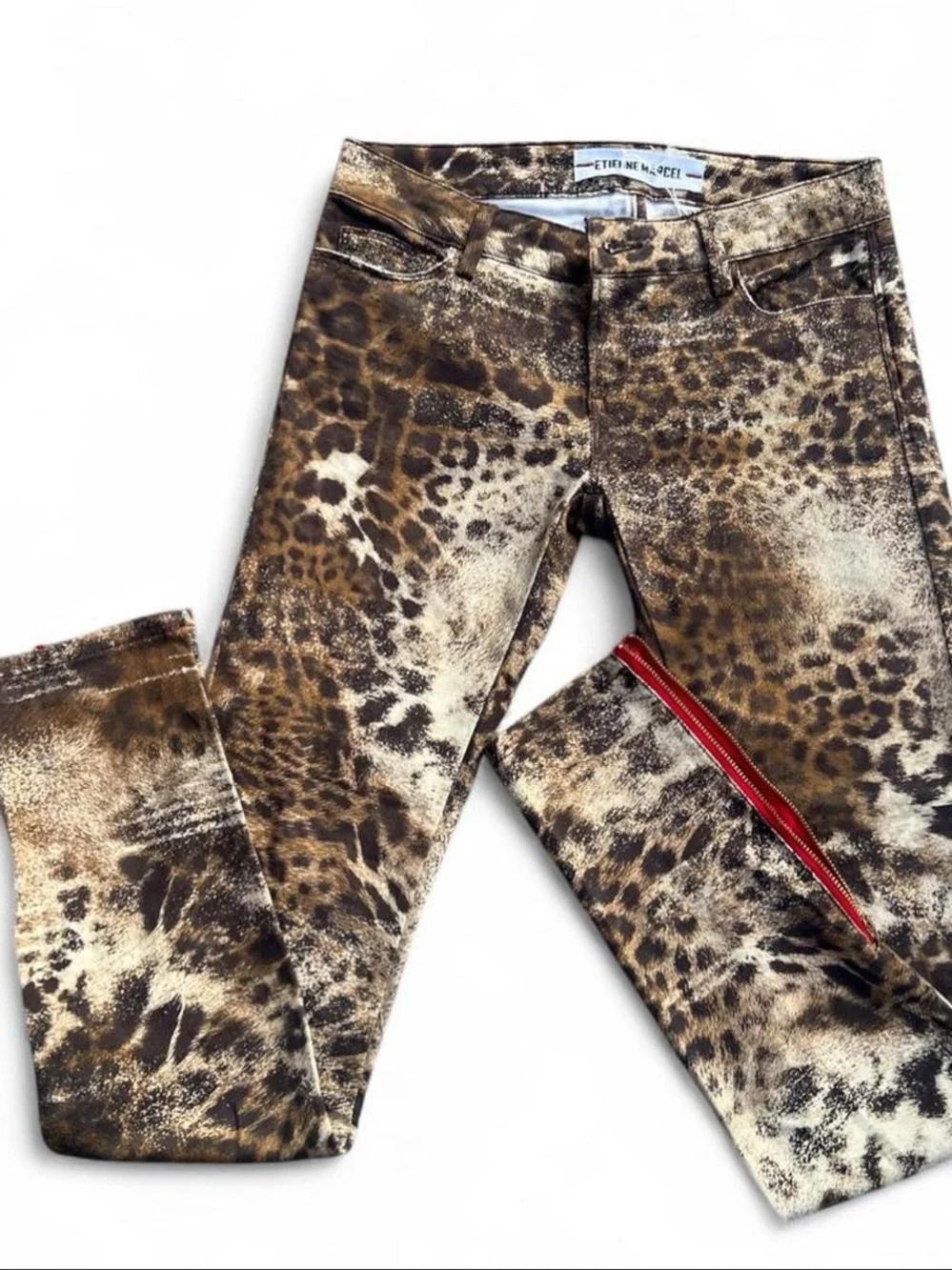 Etienne Marcel Brown Cheetah-Print Skinny Jeans with Red Zip